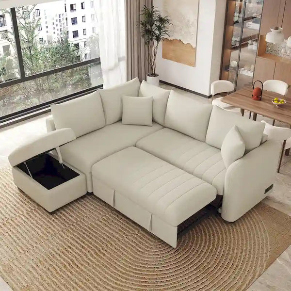 82.6" L-Shaped Sectional Sleeper Sofa Bed with Dual USB Ports, Power Outlets, and Removable Storage Ottoman - Bei