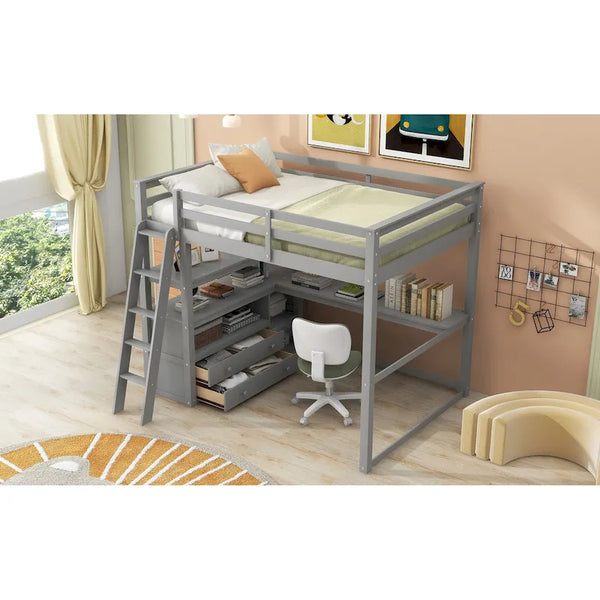 Gray Full-Size Loft Bed with Desk, Shelves, and Two Built-In Drawers