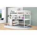 Gray Full-Size Loft Bed with Desk, Shelves, and Two Built-In Drawers