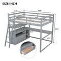 Gray Full-Size Loft Bed with Desk, Shelves, and Two Built-In Drawers