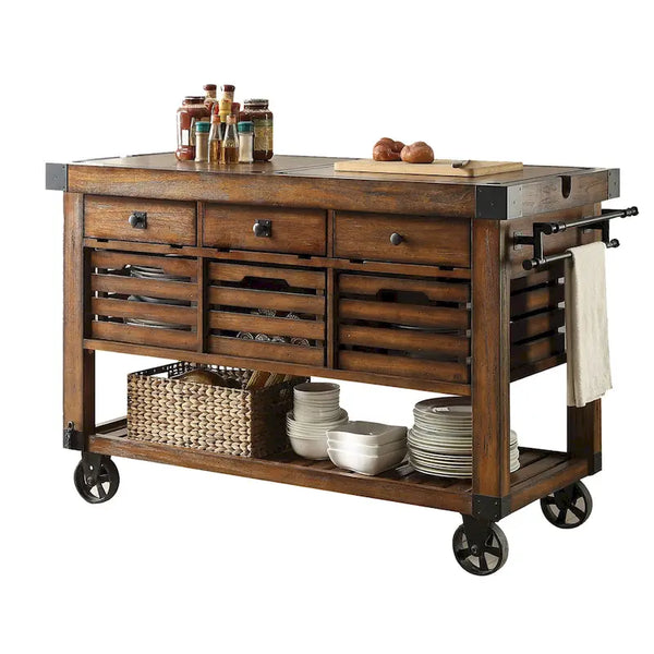 Distressed Chestnut Kitchen Cart with 3 Drawers