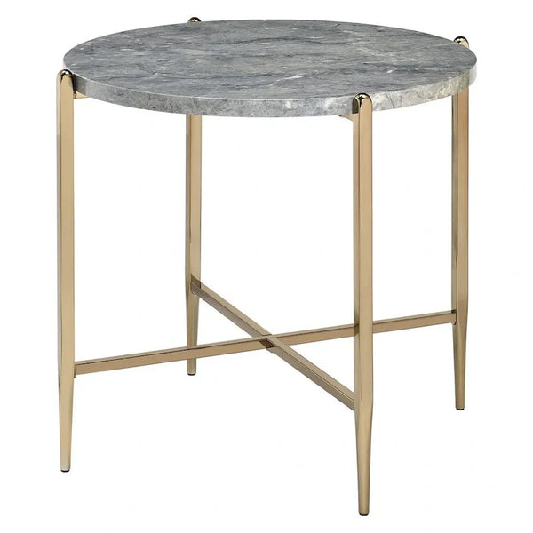 Gray and Gold End Table with Oval Marble Top and X-Shaped Base