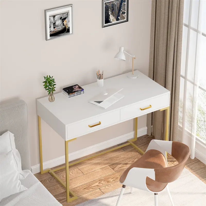 Modern Computer Desk with 2 Drawers - Stylish Study Writing Table with Storage for Home Office