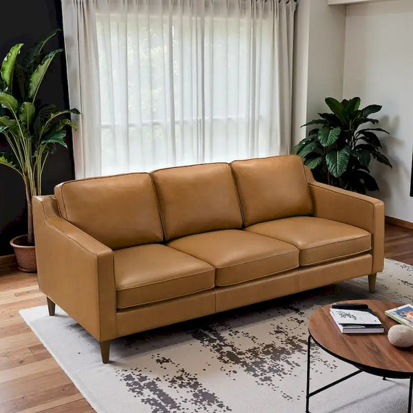 Cognac Tan Genuine Leather Mid-Century Modern Couches by Madeline