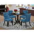 East West Furniture Round Kitchen Table Set - Black Wire-Brushed Finish with Blue Linen Chairs (Multiple Piece Options)