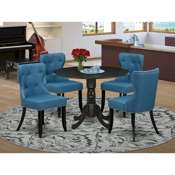 East West Furniture Round Kitchen Table Set - Black Wire-Brushed Finish with Blue Linen Chairs (Multiple Piece Options)