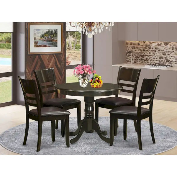 East West Furniture 5-Piece Round Dining Set - Cappuccino Kitchen Table with 4 Chairs (Seat Options Available)