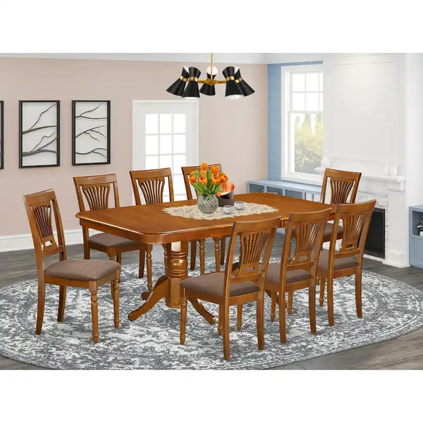 East West Furniture 9-Piece Saddle Brown Kitchen Dining Set - Rectangular Table with 8 Chairs (Various Seat Options)