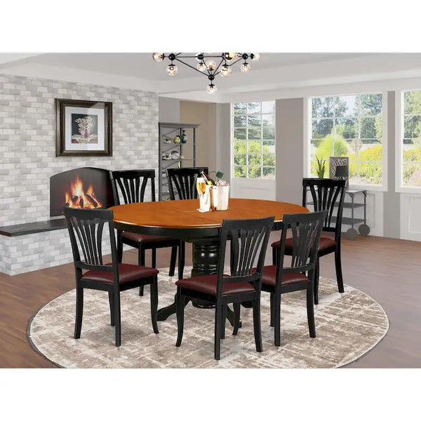 East West Furniture 7-Piece Round Dining Set - Black & Cherry Kitchen Table with 6 Chairs (Seat Options Available)