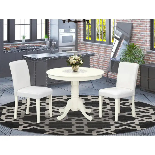 East West Furniture Round Dining Table Set - Kitchen Table with White Faux Leather Parson Chairs in Linen White (Various Piece Options)