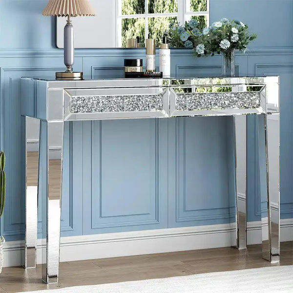 Glamorous Mirrored Console Table with 2 Drawers - Dimensions: 29.92" H x 39.37" W x 13.78" D