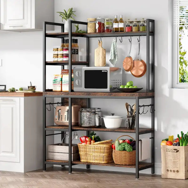 43-Inch Kitchen Bakers Rack with Microwave Stand - 5-Tier Utility Storage Shelf and 10 Hooks for Kitchen and Living Room