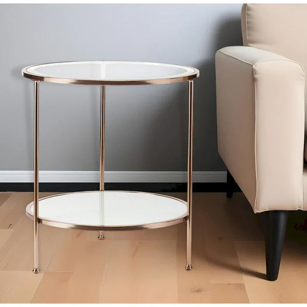 HomeRoots 26-Inch Gold Glass and Iron Round End Table with Shelf - Dimensions: 24.25 x 24.25 x 26.25 Inches