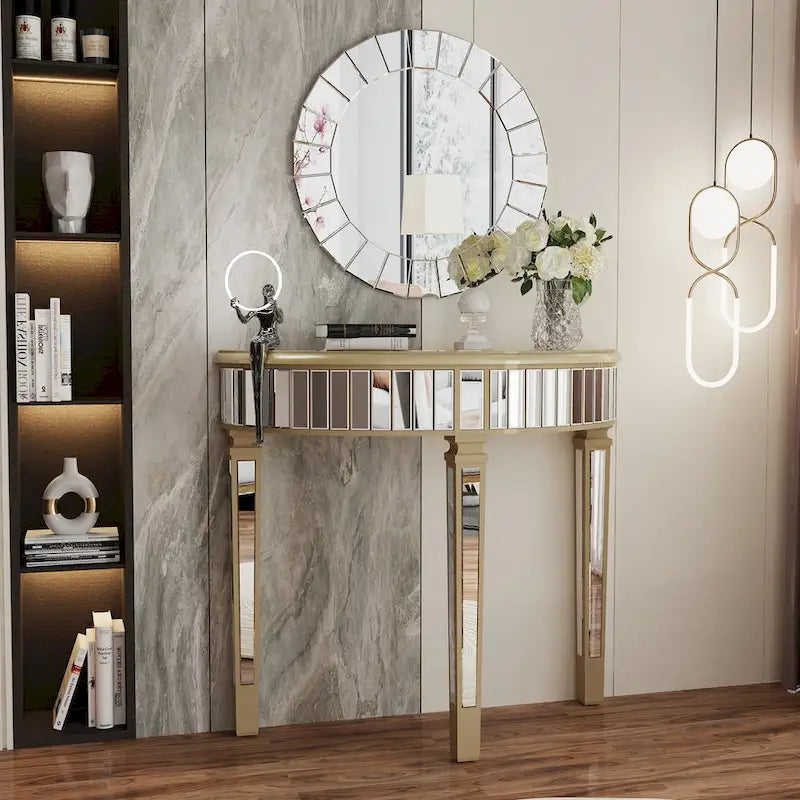 Silver Mirrored Half Moon Console Sofa Table - 35.4 x 31.6 Inches