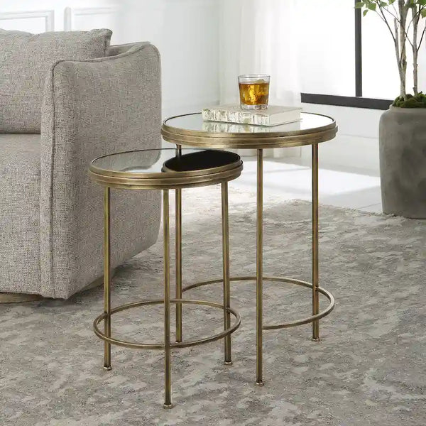 David Frisch Set of 2 Iron and Glass Nesting Tables by Porch & Den
