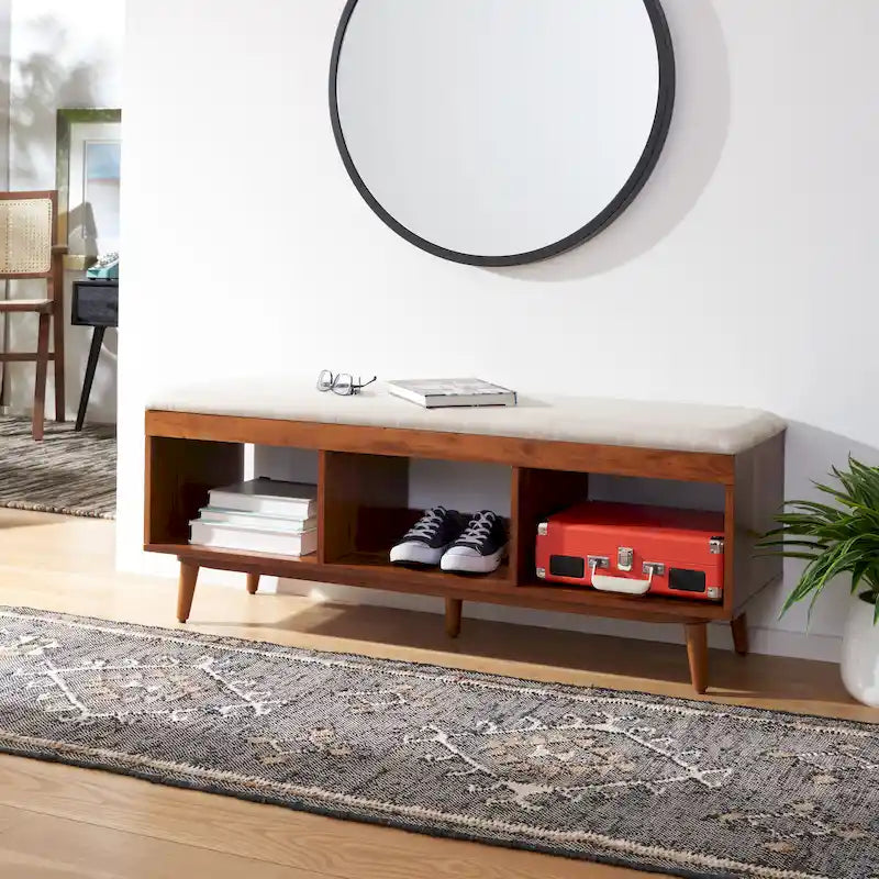 SAFAVIEH Margarita Mid-Century Modern Open Shelf Storage Bench with Cushion - 48" W x 14" D x 18" H