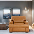 Luxurious Genuine Leather Accent Chair with Goose Feather Cushion, Square Arm Design, and Sturdy Block Legs