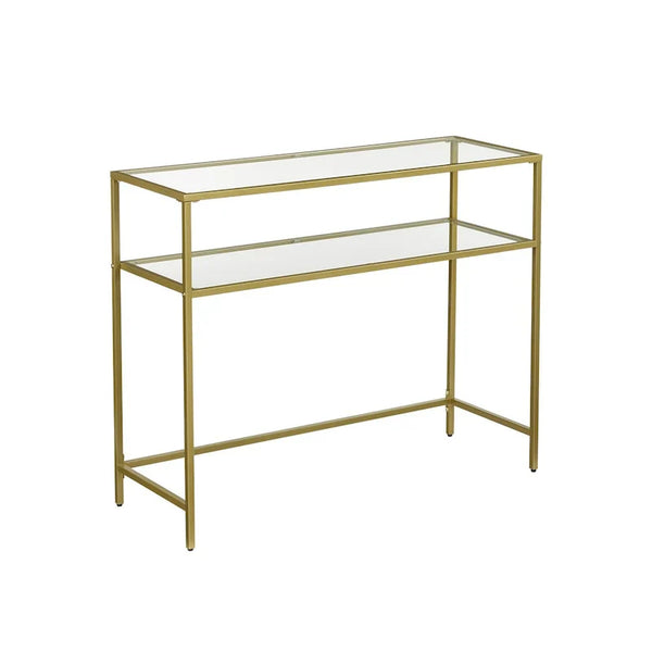 Elegant Gold Tempered Glass Console Table with Metal Frame and Dual Shelves - 39.4L x 13.8W x 31.5H
