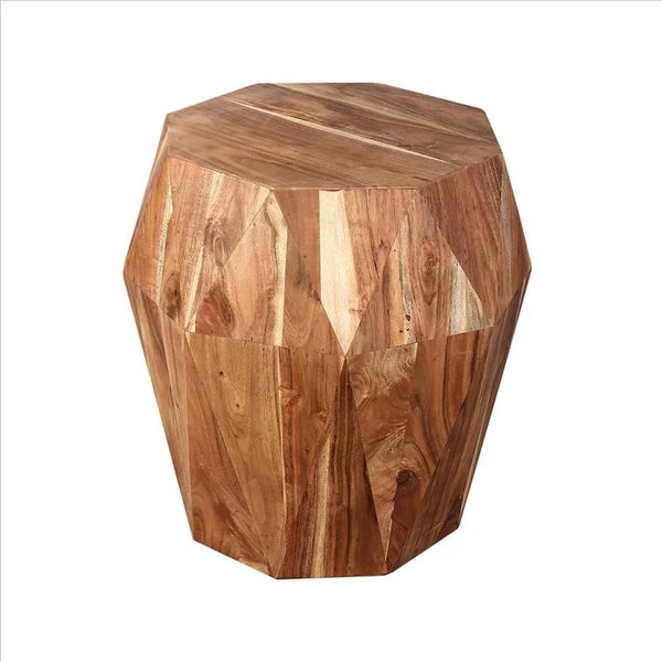 Handcrafted 21.5-Inch Octagonal Mango Wood Side Table with Faceted Design - Natural Brown Finish (16L x 16W x 21.5H)