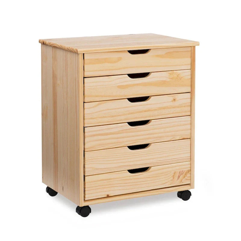 25.25-Inch Natural Brown Wide Rolling Storage Cabinet Featuring 6 Drawers