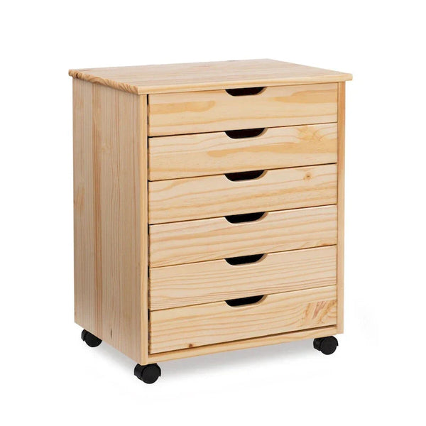 25.25-Inch Natural Brown Wide Rolling Storage Cabinet Featuring 6 Drawers