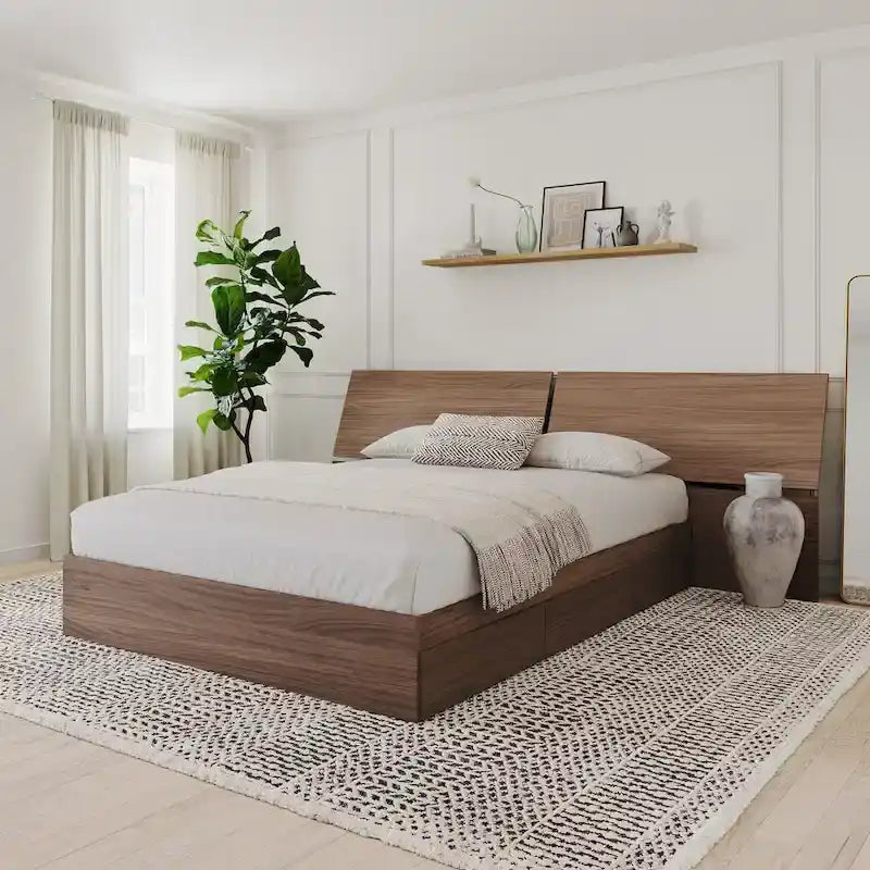 Walnut Nexera Storage Bed with Integrated Headboard