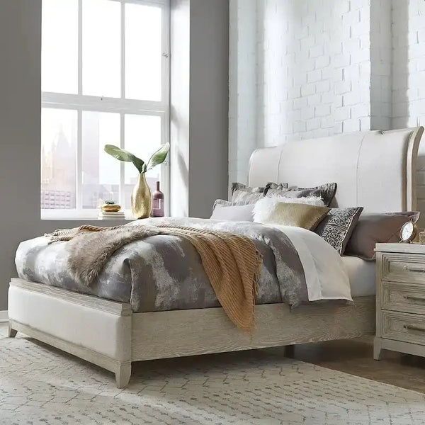 Belmar King Upholstered Bed in Washed Taupe and Silver Champagne