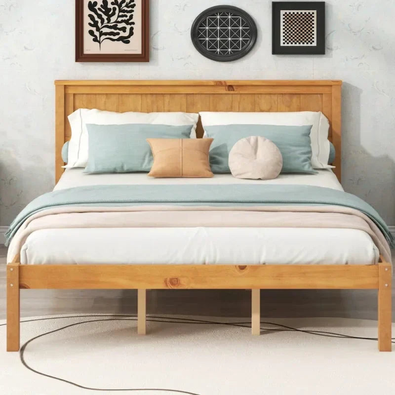 Queen Platform Bed Frame with Headboard and Wooden Slat Support