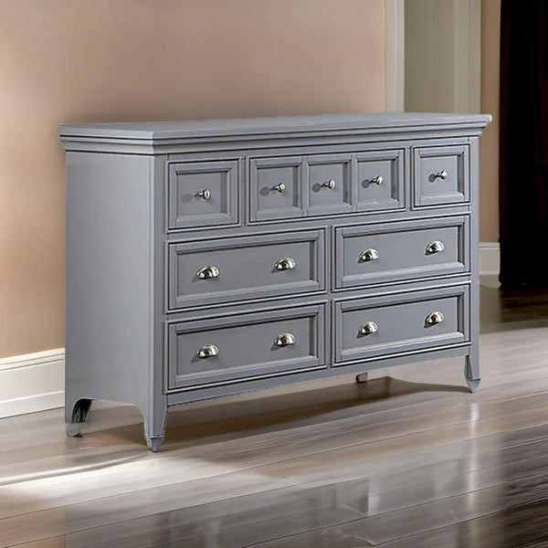 Cile 56-Inch Gray Wood Dresser with 7 Gliding Drawers and Round Nickel Handles