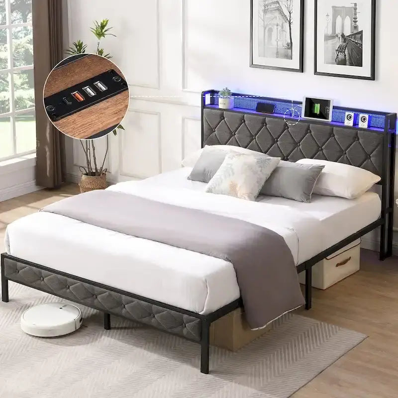 Upholstered Queen Bed Frame with Built-in Charging Station and LED Lights - Sturdy Platform Design with Heavy Metal Slats, No Box Spring Required