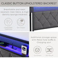 Upholstered Queen Bed Frame with Built-in Charging Station and LED Lights - Sturdy Platform Design with Heavy Metal Slats, No Box Spring Required