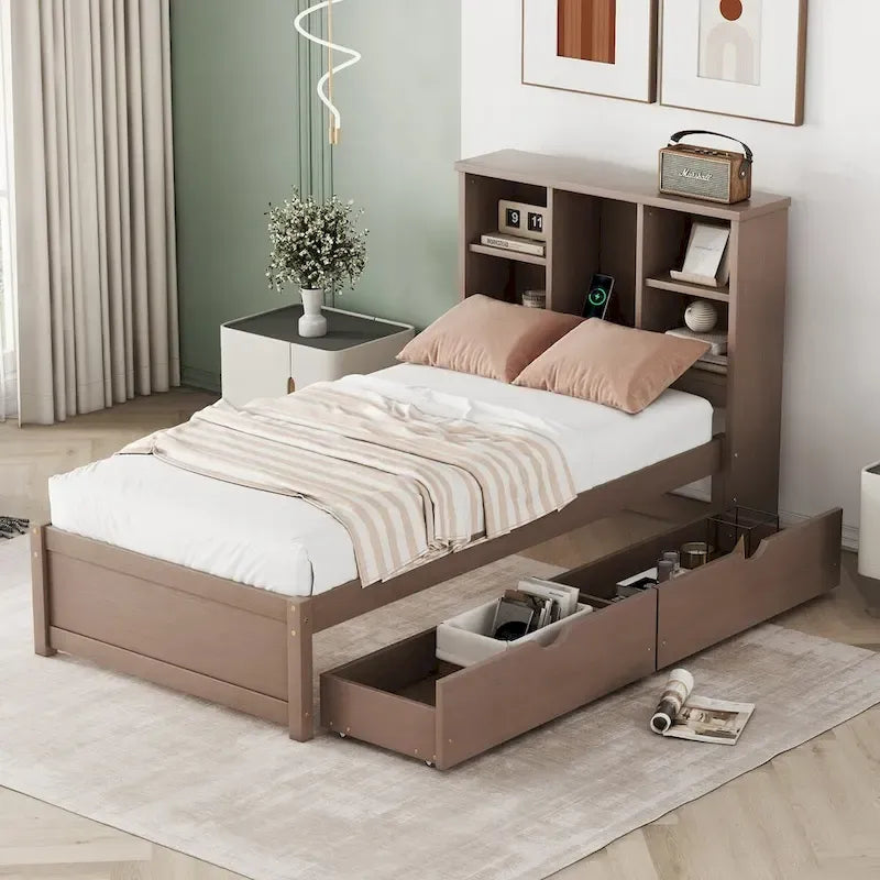 Contemporary Twin Bed Frame with USB Charging Port, Bookcase Headboard, and Dual Drawers for Bedroom or Living Room