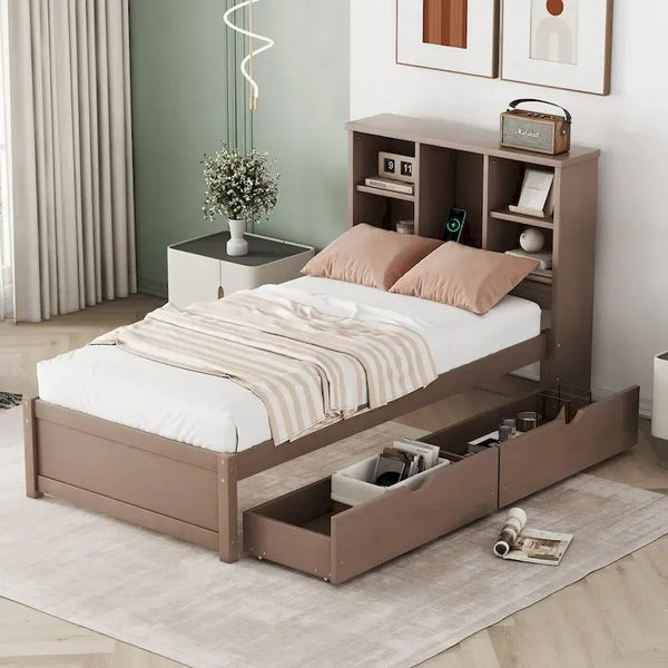 Contemporary Twin Bed Frame with USB Charging Port, Bookcase Headboard, and Dual Drawers for Bedroom or Living Room