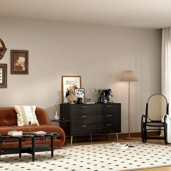 Elegant 6-Drawer Double Dresser with Gold Accents for Stylish Bedroom Storage