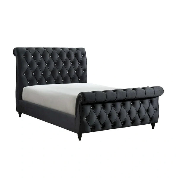 Ellowen Queen Bed with Diamond Tufted Black Upholstery and Panel Headboard