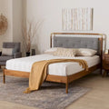 Edwina Queen Size Platform Bed in Light Grey Boucle Fabric with Walnut Brown Wood Accents