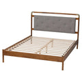 Edwina Queen Size Platform Bed in Light Grey Boucle Fabric with Walnut Brown Wood Accents