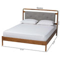 Edwina Queen Size Platform Bed in Light Grey Boucle Fabric with Walnut Brown Wood Accents