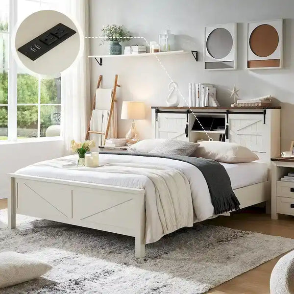 Farmhouse Platform Bed with Storage Headboard Sliding Doors and Charging Station