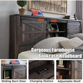 Farmhouse Platform Bed with Storage Headboard Sliding Doors and Charging Station