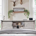 Farmhouse Platform Bed with Storage Headboard Sliding Doors and Charging Station