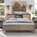 Farmhouse Platform Bed with Storage Headboard Sliding Doors and Charging Station