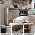 Farmhouse Full Bed Frame with Storage Shelves and Built-in Charging Station