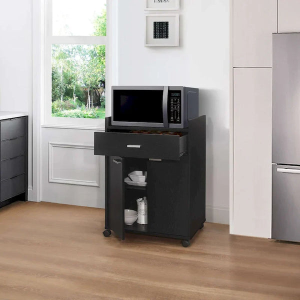 Black Kitchen Microwave Cart with Accent Storage Cabinet, Featuring 1 Drawer and 2 Doors