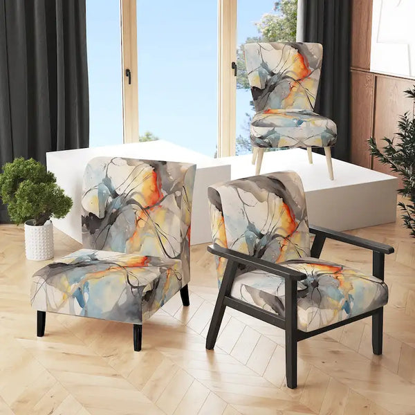 Designart Marble Serenity Gray Watercolor Waves Upholstered Accent Chair with Abstract Shapes