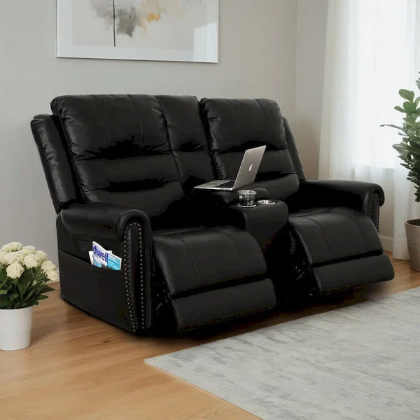 Authentic Leather Black Power Recliner Sofa Set: Loveseat and Recliner with Adjustable Headrest and Extendable Footrest