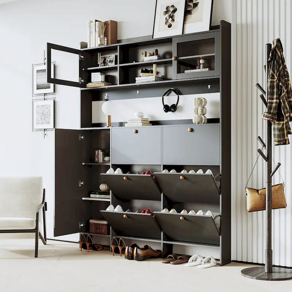 Elegant Hall Tree Shoe Cabinet with Storage Shelf, 6 Flip Drawers, Tempered Glass Doors, and 4 Hooks