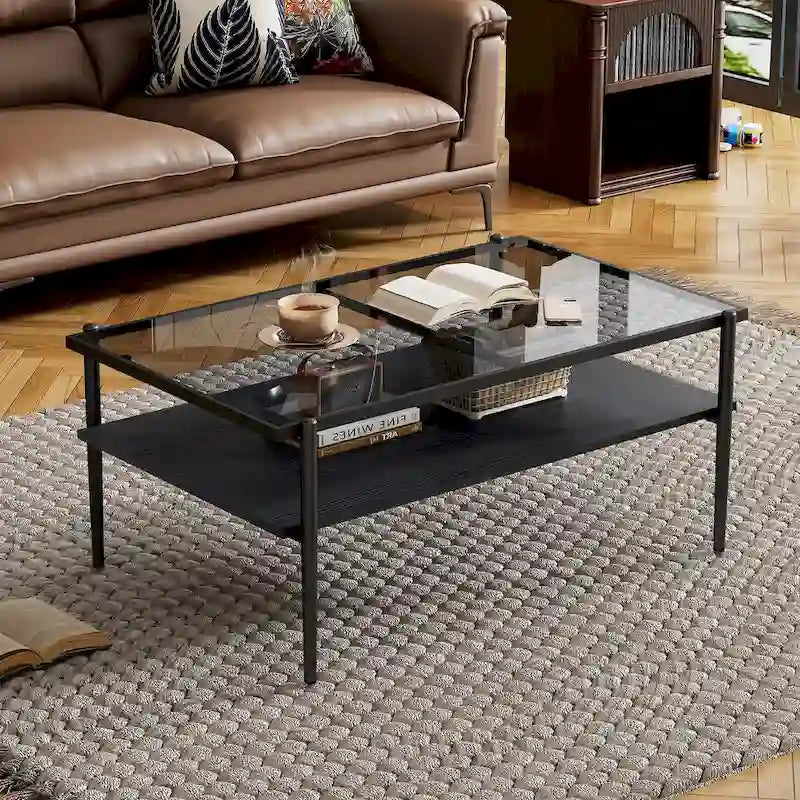 Modern Rectangular Coffee Table with Tempered Glass Surface for Living Room