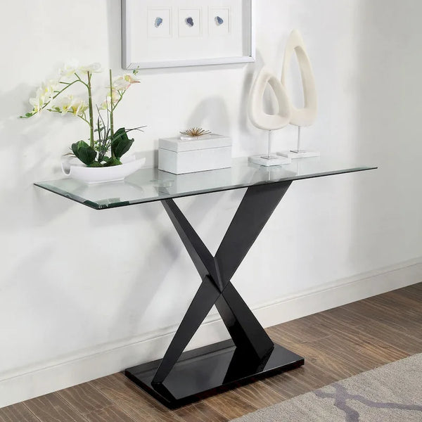 Furniture of America Gar Glam Black X-Base Glass-Top Sofa Table