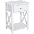 Farmhouse Style Side Table with Storage Drawer and Open Shelf, X-Frame Design, White Bedside Table for Living Room